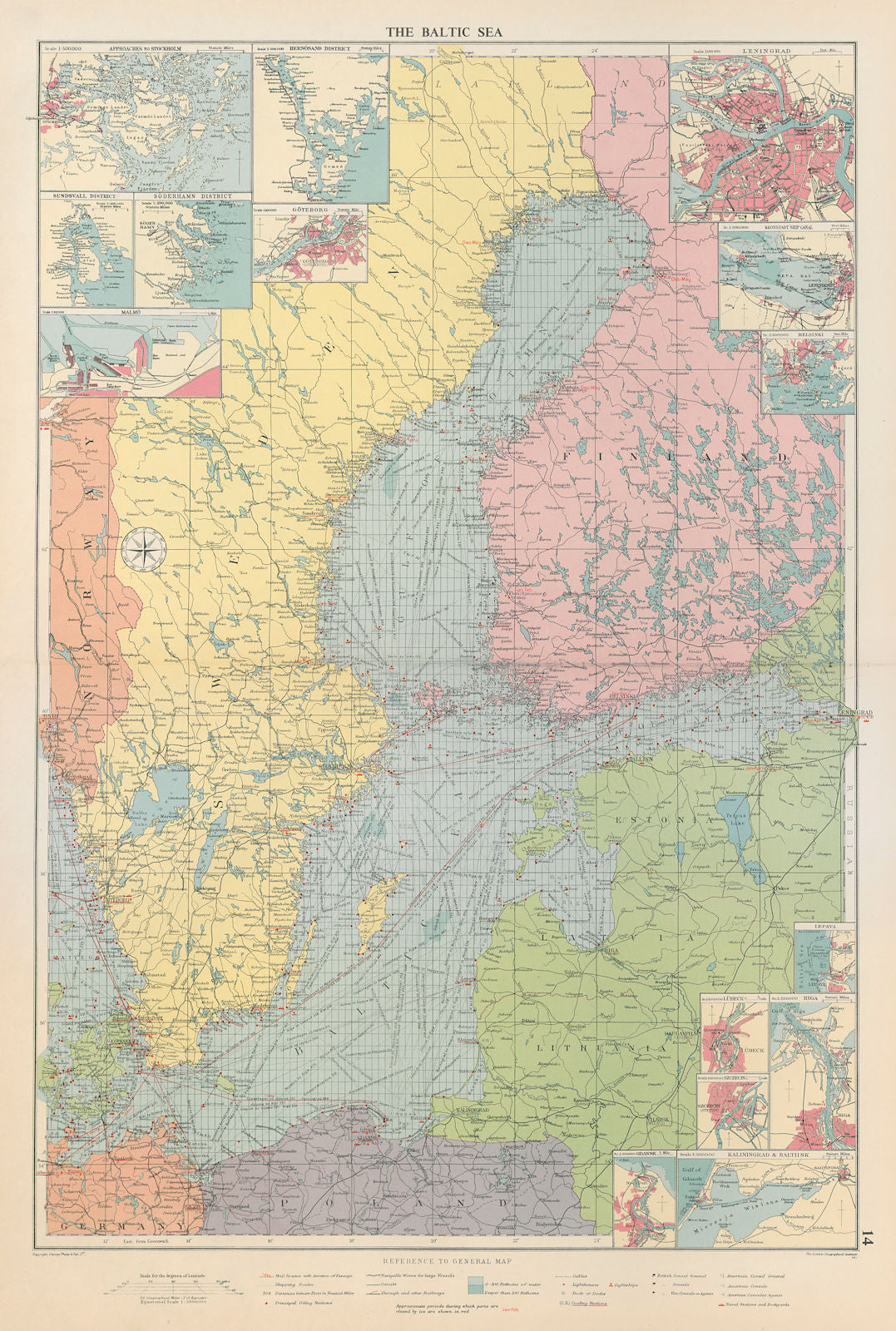Baltic Sea sea chart. Ports lighthouses mail routes dockyards. LARGE 1959 map